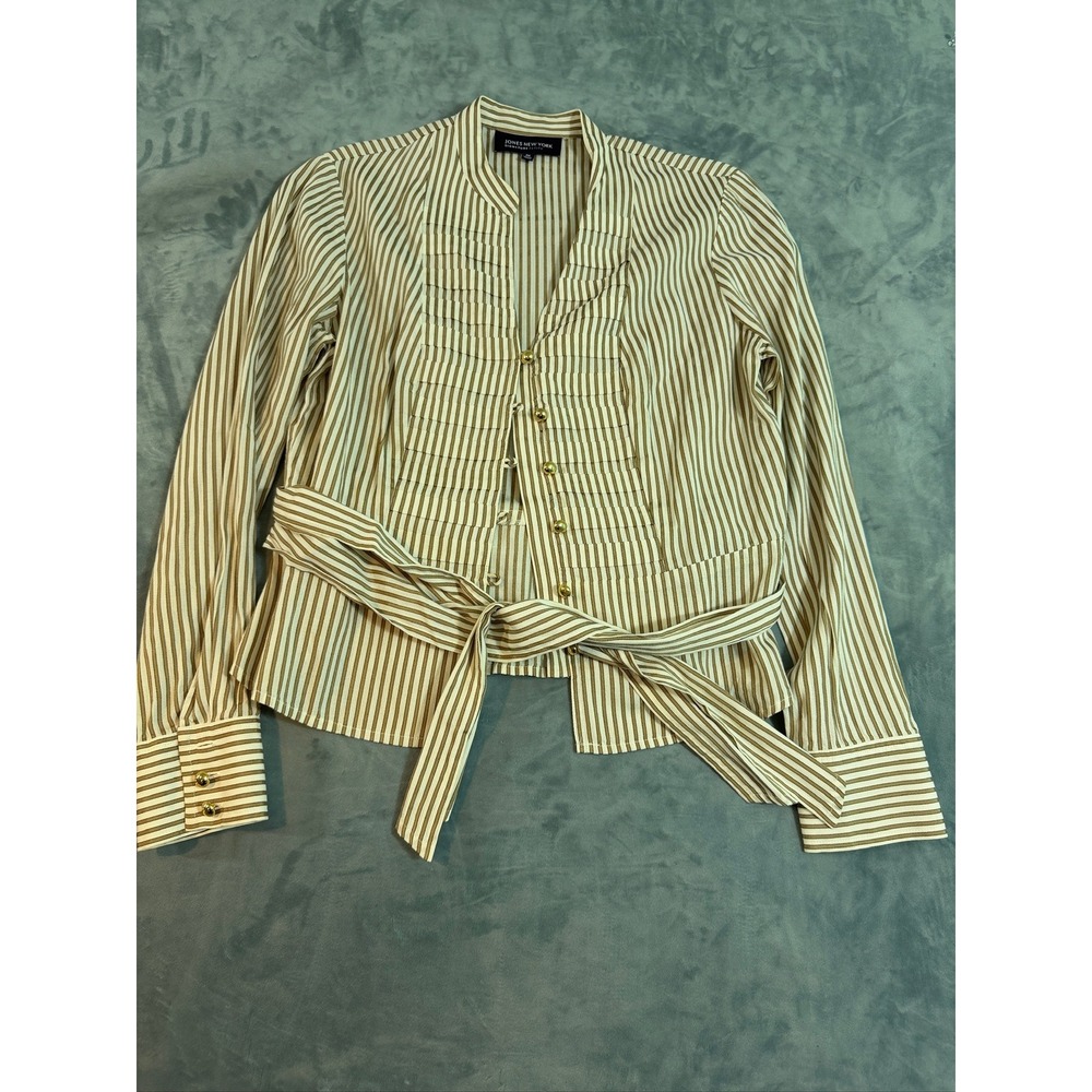 Jones New York Signature Petite Striped Button Blouse Tan White Gold Buttons PM